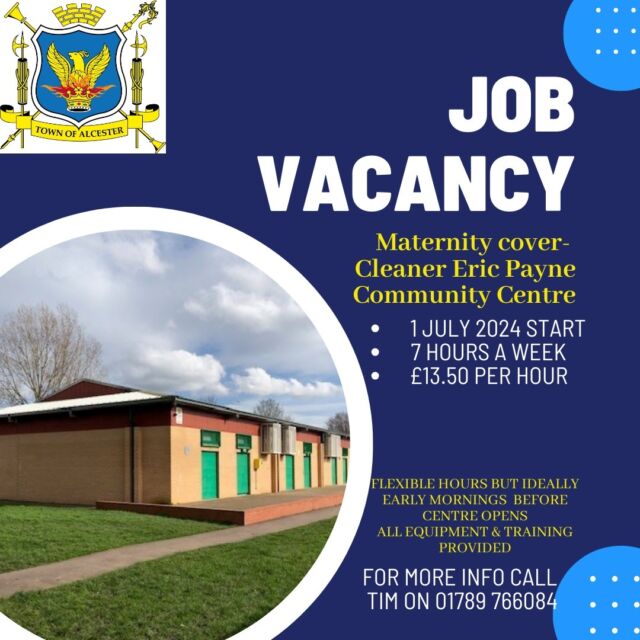 📢POST NOW FILLED 😊
Cleaner for the Eric Payne Community Centre
Starting 1st July 2024 to cover maternity leave
7 hrs a week
Flexible working arrangements- ideally early mornings before the centre opens
£13.50 per hour
All equipment and training provided
Phone Tim on 01789 766084